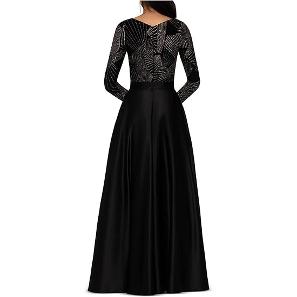 Betsy & Adam Women's 16 Black Gold Glitter Gianni Long Sleeve Evening Gown K4-14 - Picture 3 of 7